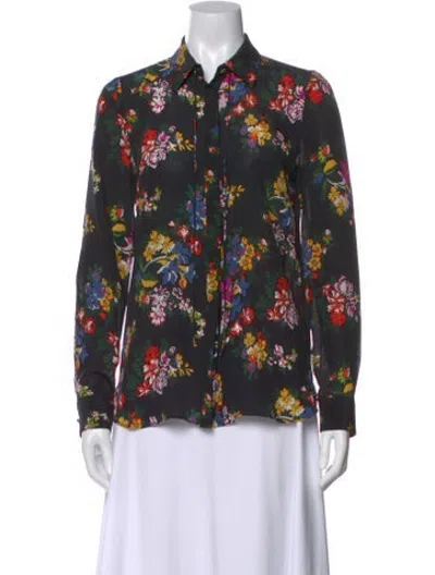 Pre-owned Adam Lippes Silk Floral Print Blouse In Black