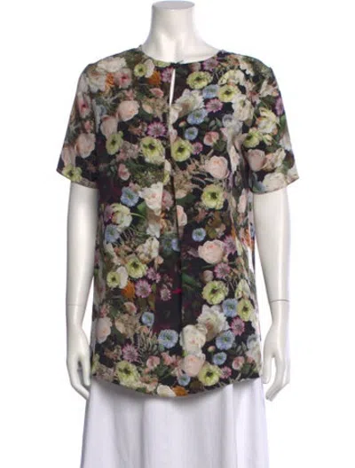 Pre-owned Adam Lippes Silk Floral Print Blouse In Black