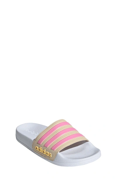 Adidas Originals Kids' Adilette Shower Slide Sandal In Crystal Sand/ Pink/ White