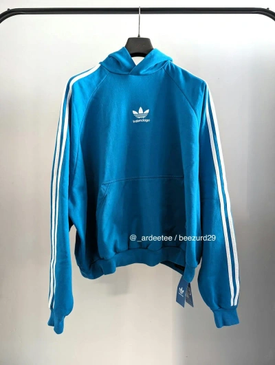Pre-owned Adidas X Balenciaga Embroidered Oversized Boxy/crop Blue Logo Hoodie