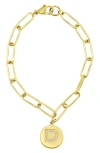 Adornia Tarnish Resistant 14k Gold-plated Pave Crystal Initial Disc Paperclip Bracelet In Gold- D
