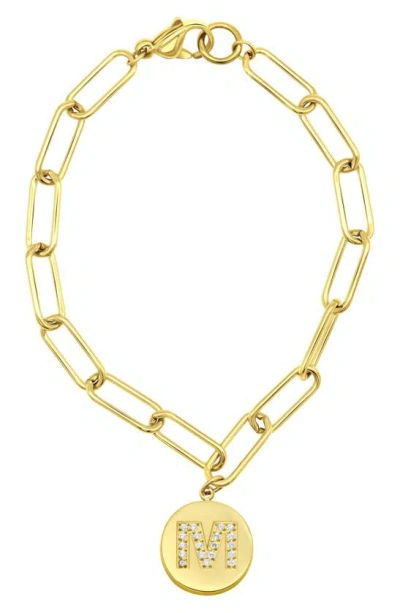 Adornia Tarnish Resistant 14k Gold-plated Pave Crystal Initial Disc Paperclip Bracelet In Gold- L