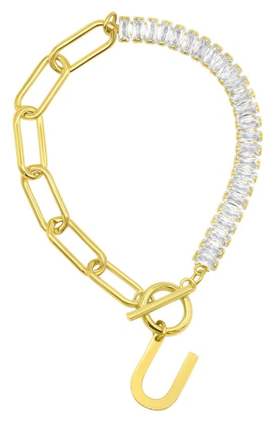 Adornia Crystal & Paper Clip Chain Initial Bracelet In Gold