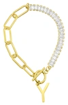 Adornia 14k Gold-plated Half Crystal And Half Paperclip Initial Toggle Bracelet In Silver