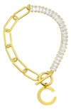 Adornia 14k Gold-plated Half Crystal And Half Paperclip Initial Toggle Bracelet In Gold-c
