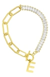 Adornia 14k Gold-plated Half Crystal And Half Paperclip Initial Toggle Bracelet In Gold- E