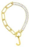 Adornia Crystal & Paper Clip Chain Initial Bracelet In Gold
