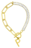 Adornia Crystal & Paper Clip Chain Initial Bracelet In Gold