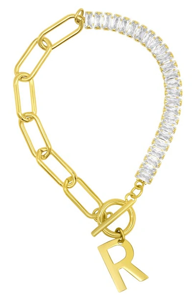 Adornia Crystal & Paper Clip Chain Initial Bracelet In Gold