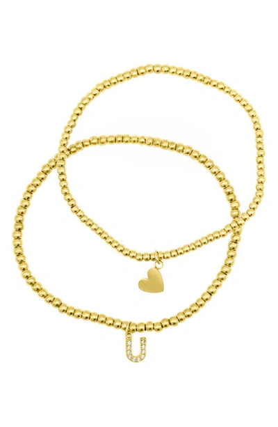 Adornia Initial & Heart 2-pack Stretch Bracelets In Gold