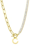 Adornia Initial Pendant Half Crystal Half Paper Clip Chain Necklace In Gold-c
