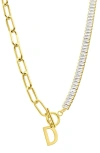 Adornia Initial Pendant Half Crystal Half Paper Clip Chain Necklace In Gold-d