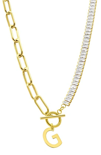 Adornia Initial Pendant Half Crystal Half Paper Clip Chain Necklace In Gold- G
