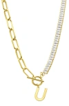 Adornia Initial Pendant Half Crystal Half Paper Clip Chain Necklace In Gold- U