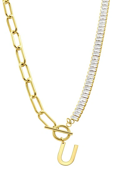 Adornia Initial Pendant Half Crystal Half Paper Clip Chain Necklace In Gold- U