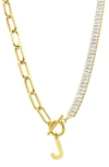 Adornia Initial Pendant Half Crystal Half Paper Clip Chain Necklace In Gold-j