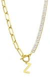 Adornia Initial Pendant Half Crystal Half Paper Clip Chain Necklace In Gold-z