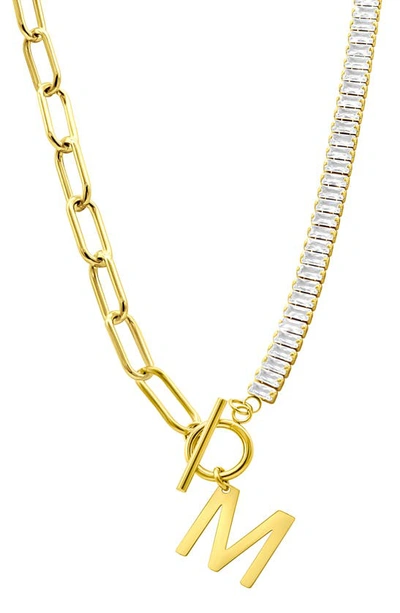 Adornia Initial Pendant Half Crystal Half Paper Clip Chain Necklace In Gold- M