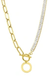 Adornia Initial Pendant Half Crystal Half Paper Clip Chain Necklace In Gold-o