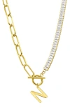 Adornia Initial Pendant Half Crystal Half Paper Clip Chain Necklace In Gold-n