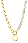 Adornia Initial Pendant Half Crystal Half Paper Clip Chain Necklace In Gold-q