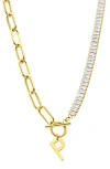 Adornia Initial Pendant Half Crystal Half Paper Clip Chain Necklace In Gold-p