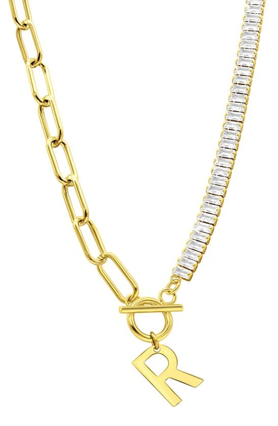 Adornia Initial Pendant Half Crystal Half Paper Clip Chain Necklace In Gold- R