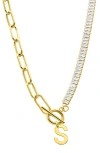 Adornia Initial Pendant Half Crystal Half Paper Clip Chain Necklace In Gold-s