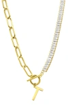 Adornia Initial Pendant Half Crystal Half Paper Clip Chain Necklace In Gold-t