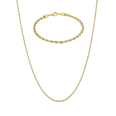 Adornia Men's Tarnish Resistant 18k Gold Plated Rope Chain Bracelet And Necklace Set
