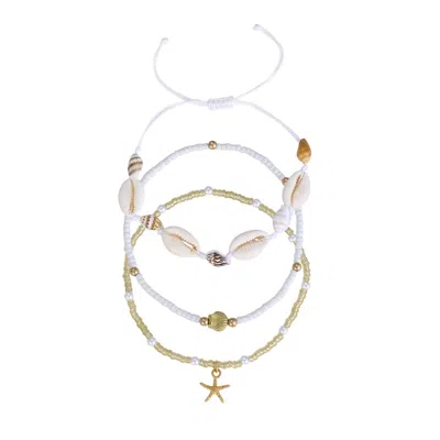 Adornia Set Of 3 Shell And Bead Anklet Set In Metallic