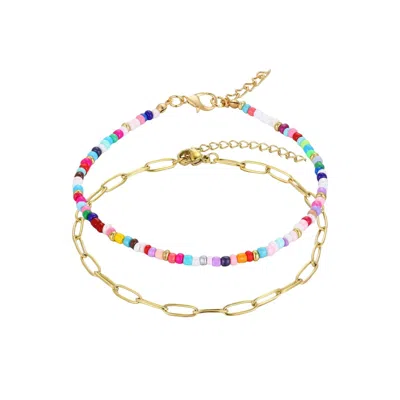 Adornia Tarnish Resistant 18k Gold Plated Paperclip And Color Bead Anklet Set In Multi