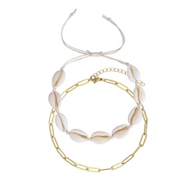 Adornia Tarnish Resistant 18k Gold Plated Set Of 2 Adjustable Shell And Paperclip Link Anklet Set In Multi