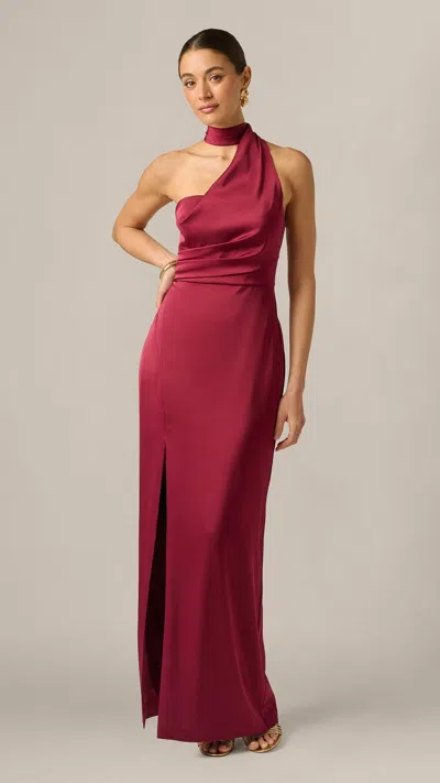 Adrianna Papell 213439 Stretch Satin Asymmetrical Halter Gown In Brown