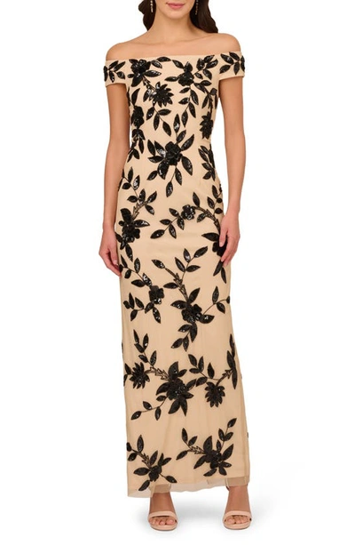 Adrianna Papell Beaded Off The Shoulder Mesh Column Gown In Black Nude