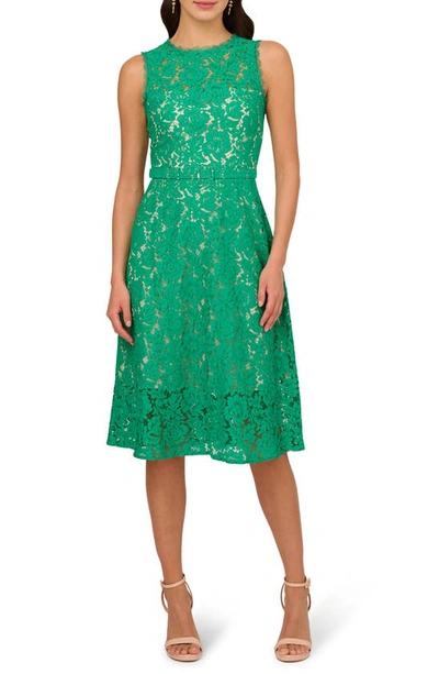 Adrianna Papell Belted Sleeveless Lace Midi Dress In Botanic Green