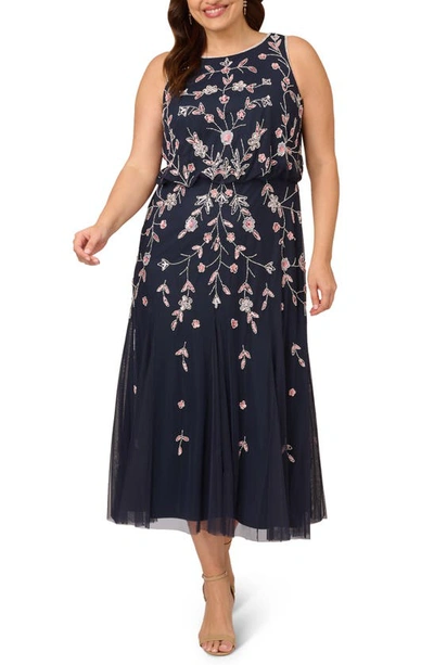 Adrianna Papell Floral Embellished Mesh Midi Gown In Navy/ Blush