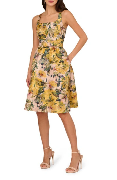 Adrianna Papell Floral Jacquard A-line Dress In Yellow Multi