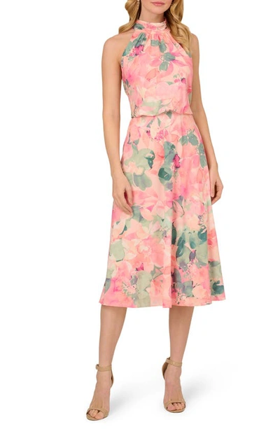 Adrianna Papell Floral Mock Neck Chiffon Cocktail Midi Dress In Blush Multi