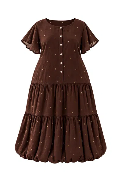 Adrift Clothing Women's Brown Millie Reversible Flutter Sleeve Dress In Chocolate Aurum