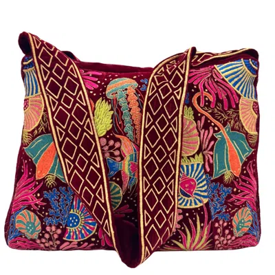 Aeka Boho Woman Women's The Azores Luxe Tote - Deep Maroon - Oversized Velvet Embroidered Tote Bag In Red