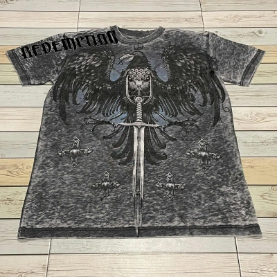 Pre-owned Affliction X Ed Hardy Raw State Wings Cross Tee Y2k Affliction Style In Grey