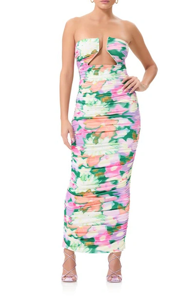 Afrm Alisha Ruched Cutout Strapless Maxi Dress In Yellow