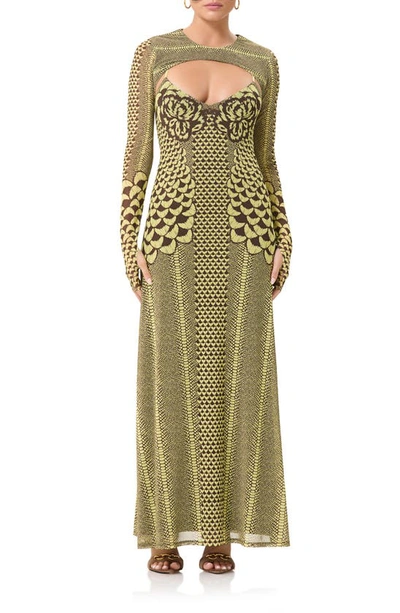 Afrm Cutout Long Sleeve Maxi Dress With Shrug In Butter Petals