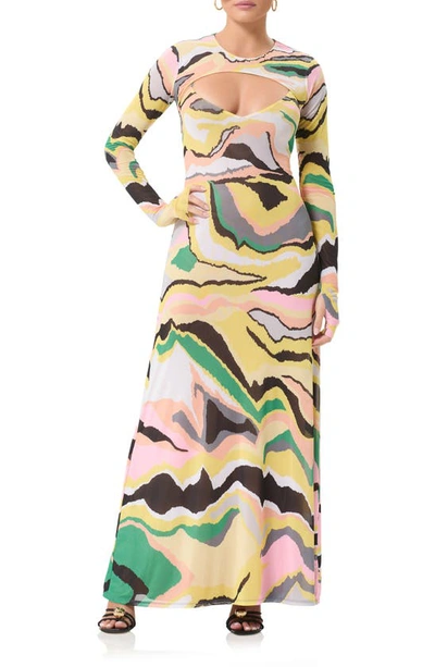 Afrm Cutout Long Sleeve Maxi Dress With Shrug In Soft Linear Abstract