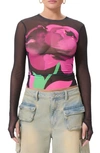 Afrm Kaylee Print Mesh Top In Noir Placed Rose