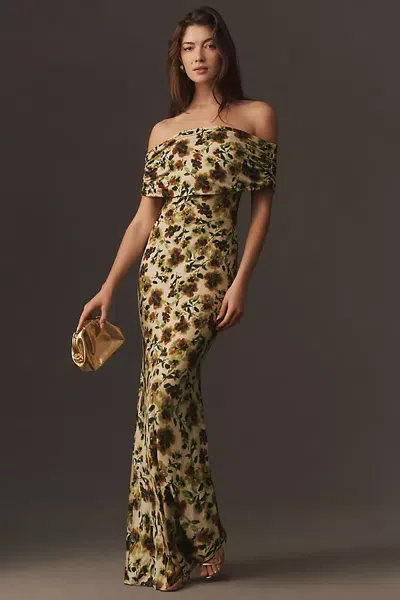 Afrm Mccall Off-the-shoulder Stretch Mesh Maxi Dress In Animal Print