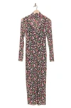 Afrm Shailene Floral Turtleneck Long Sleeve Mesh Dress In Noir Ditsy