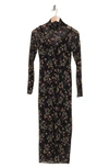 Afrm Shailene Floral Turtleneck Long Sleeve Mesh Dress In Noir Pink Ditsy