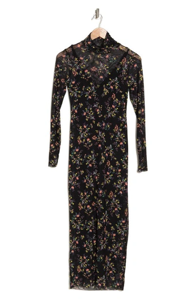 Afrm Shailene Floral Turtleneck Long Sleeve Mesh Dress In Noir Pink Ditsy